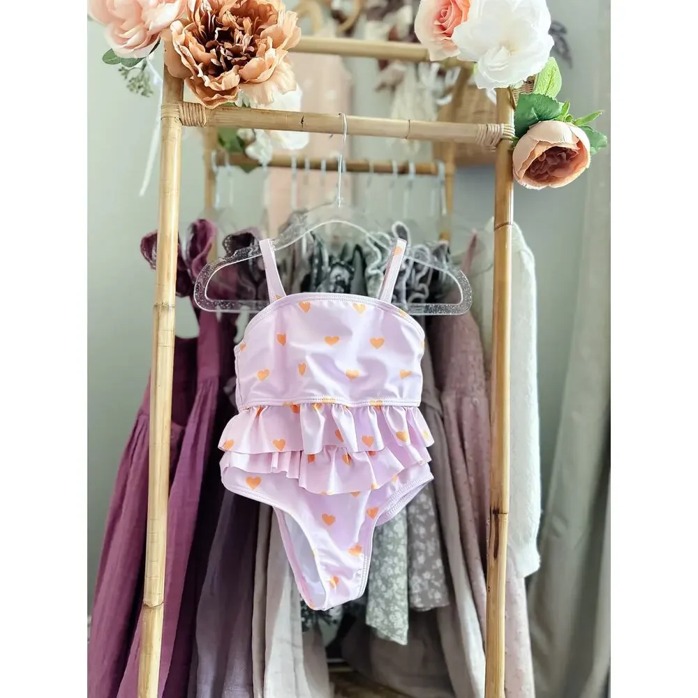 New Darling Heart Print Blush Pink Frill Trim 2pc Cami Swimsuit 4T